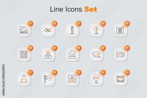 Set line Passenger train cars, Stop sign, Train railway tunnel, Toilet, Traffic cone, ticket, driver hat and Flasher siren icon. Vector
