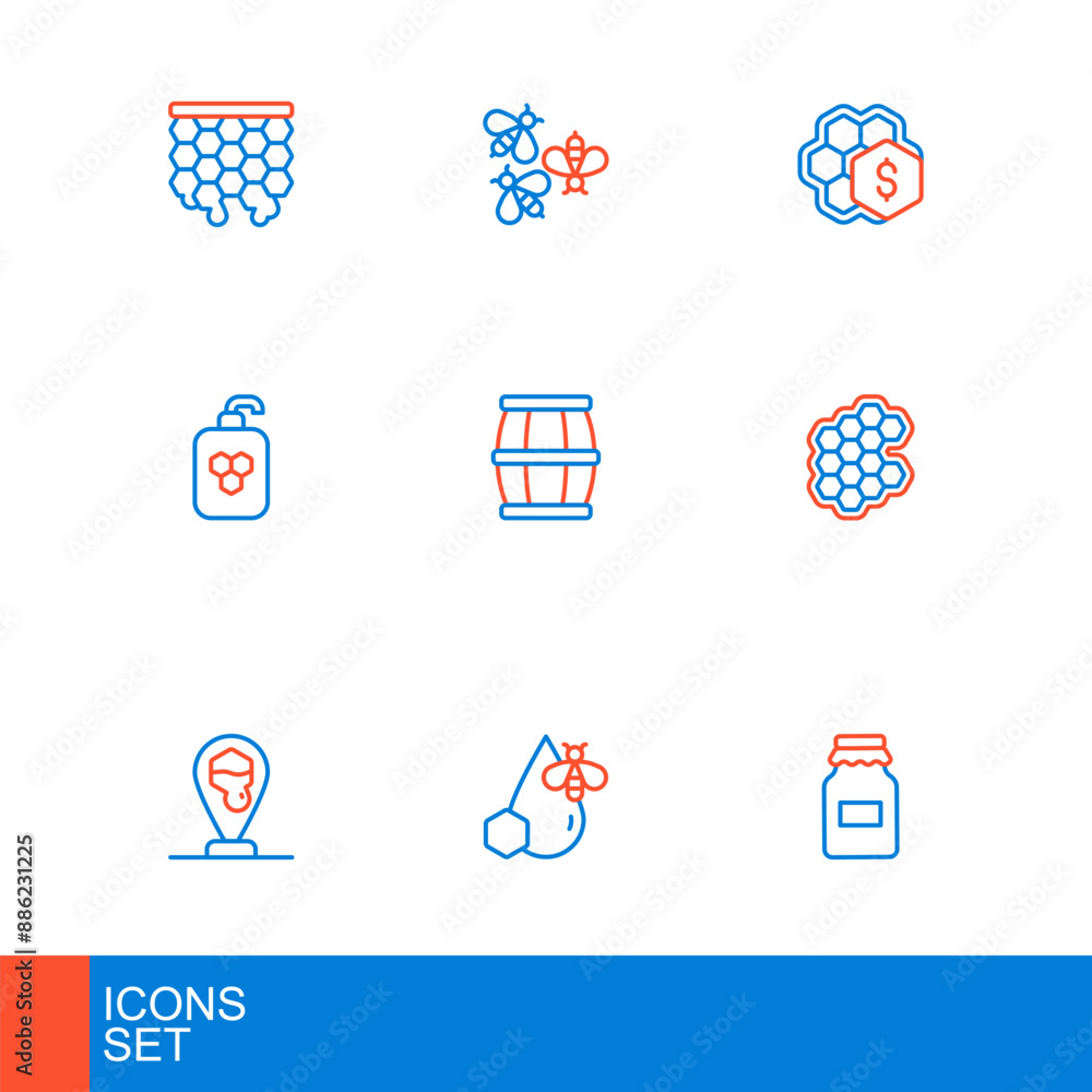 Set line Jar of honey, Bee and honeycomb, Honeycomb bee location, Cosmetic tube with, Wooden barrel, Sale and Bees icon. Vector Set line Jar of honey, Bee and honeycomb, Honeycomb bee location, Cosmetic tube with, Wooden barrel, Sale and Bees icon. Vector