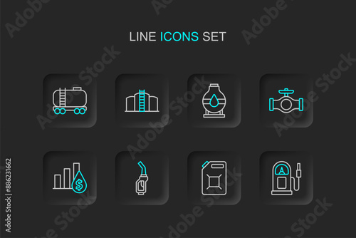 Set line Petrol or gas station, Canister for gasoline, Gasoline pump nozzle, Pie chart and dollar, Oil pipe with valve, tank storage, and railway cistern icon. Vector