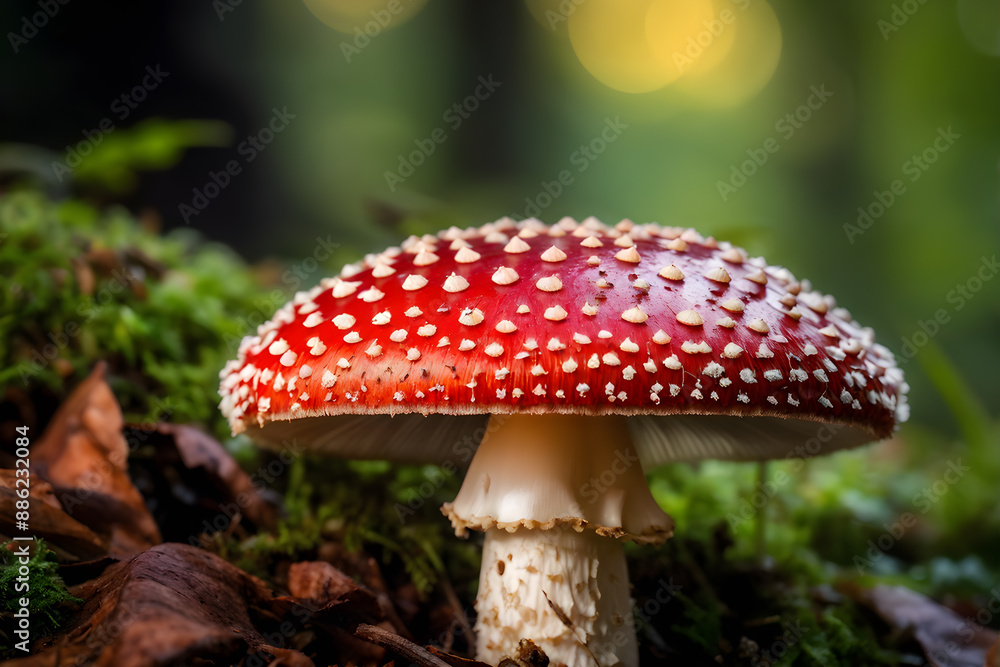 Fototapeta premium Detailed close-up of a fly agaric (Amanita muscaria) mushroom in a woodland scene. The red cap stands out amidst fallen autumn leaves, creating a visually captivating image