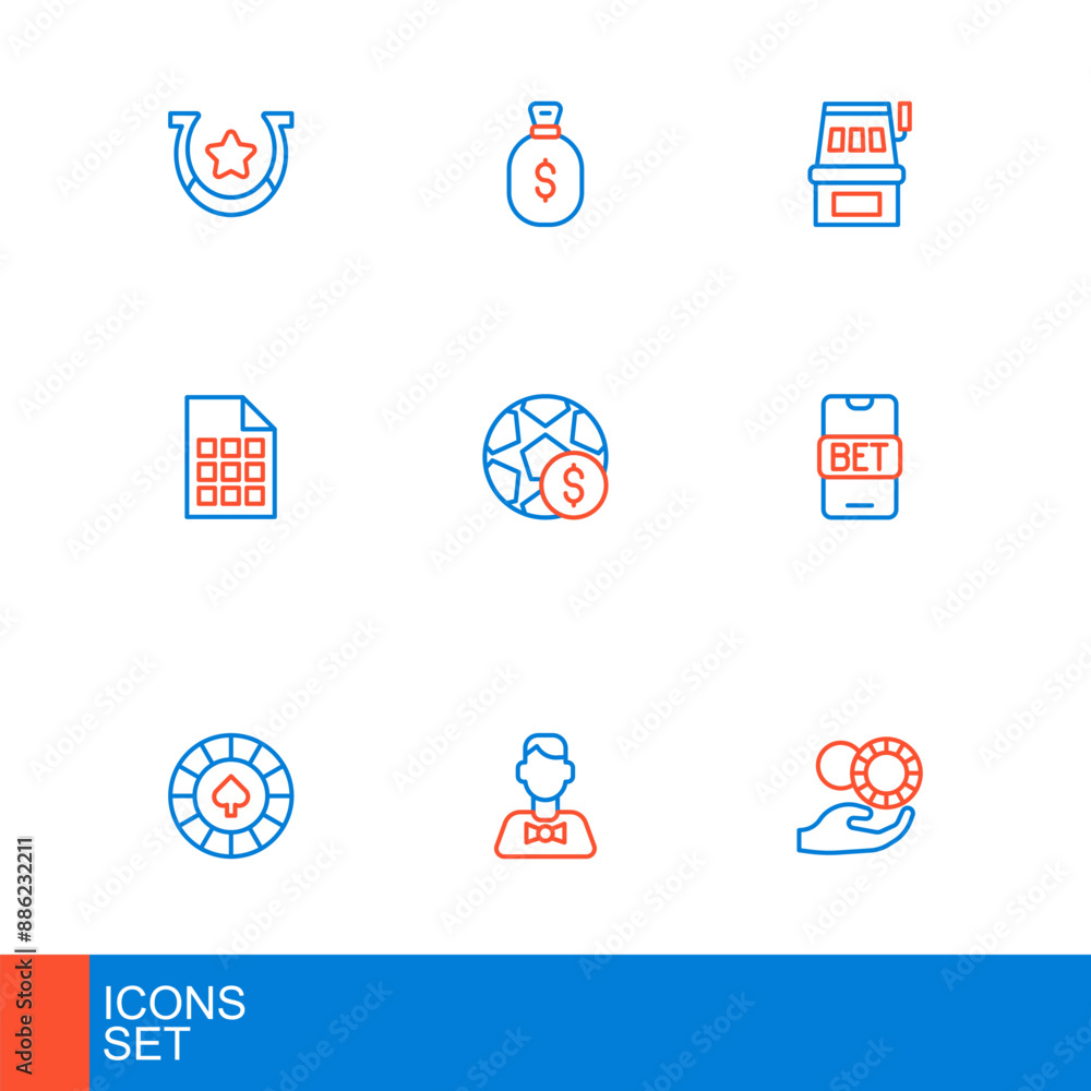 Set line Hand holding casino chips, Casino dealer, Online sports betting, Lottery ticket, Football money, Slot machine and Money bag icon. Vector Set line Hand holding casino chips, Casino dealer, Online sports betting, Lottery ticket, Football money, Slot machine and Money bag icon. Vector