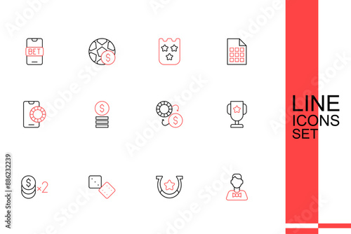 Set line Casino dealer, Horseshoe, Game dice, chip with dollar, poker trophy cup, chips exchange, and Online sports betting icon. Vector