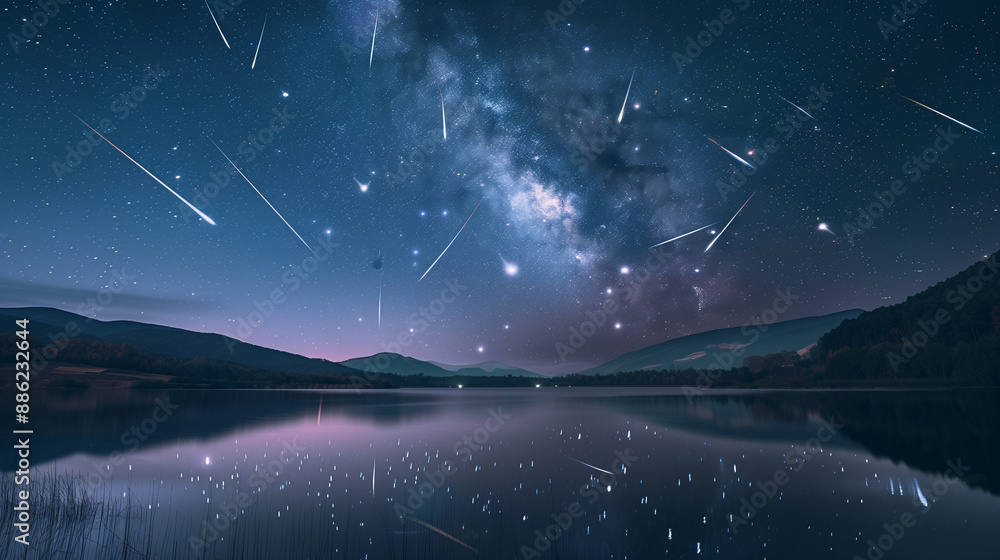 Fototapeta premium Bright meteors streaking through the night sky, reflected perfectly in a still lake.