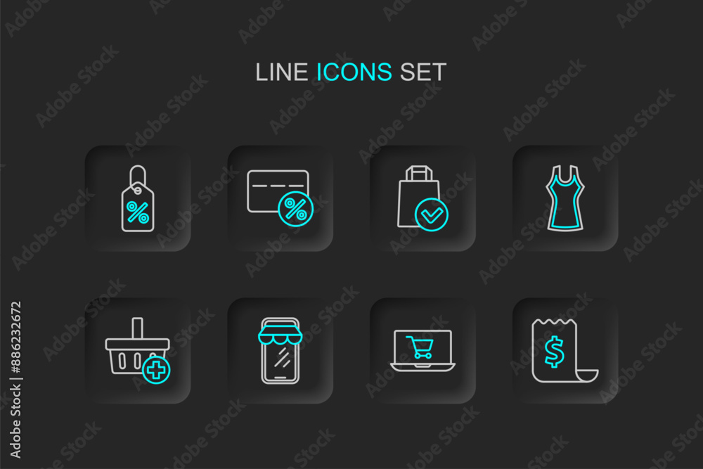 Set line Paper check and financial check, Shopping cart on screen laptop, Online shopping phone, Add basket, Woman dress, bag, Discount card with percent and tag icon. Vector Set line Paper check and financial check, Shopping cart on screen laptop, Online shopping phone, Add basket, Woman dress, bag, Discount card with percent and tag icon. Vector