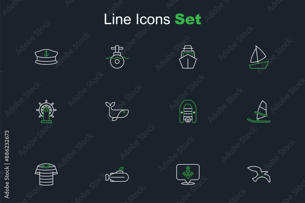 Set line Bird seagull, Anchor, Submarine, Striped sailor t-shirt, Windsurfing, Inflatable boat with motor, Whale and Ship steering wheel icon. Vector Set line Bird seagull, Anchor, Submarine, Striped sailor t-shirt, Windsurfing, Inflatable boat with motor, Whale and Ship steering wheel icon. Vector