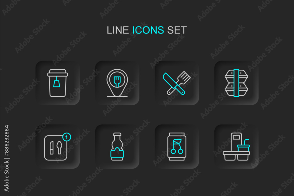 Set line Coffee cup to go, Soda can, Sauce bottle, Food ordering, Lunch box, Crossed knife and fork, Cafe restaurant location and Cup tea icon. Vector Set line Coffee cup to go, Soda can, Sauce bottle, Food ordering, Lunch box, Crossed knife and fork, Cafe restaurant location and Cup tea icon. Vector