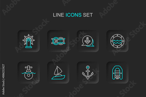Set line Inflatable boat with motor, Anchor, Yacht sailboat, Submarine, Ship porthole, Nautical rope knots and steering wheel icon. Vector