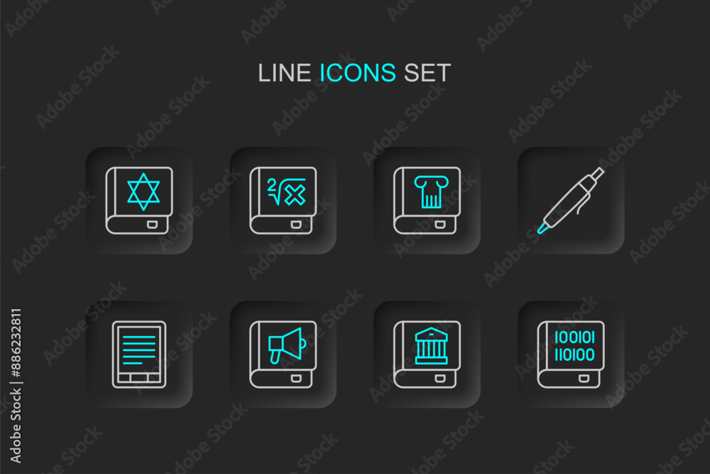 Set line Books about programming, Law book, E-Book reader, Pen, History, with mathematics and Jewish torah icon. Vector Set line Books about programming, Law book, E-Book reader, Pen, History, with mathematics and Jewish torah icon. Vector