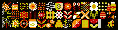 Ukrainian geometric floral sweet pattern. Scandinavian style. Beekeeping, bees, honey, honeycombs, beehives, nectar, flowers. Summer illustration on a black background