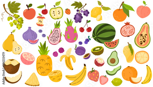 Set of different fruits and berries. Collection of organic vitamins and healthy nutrition. Watermelon, pineapple, bananas and avocado. Flat vector illustration isolated on white background