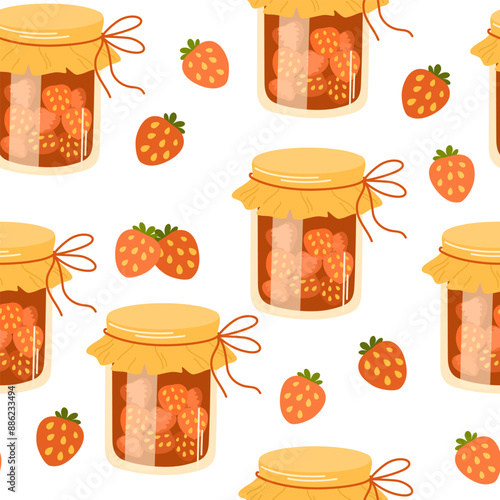 Strawberry jam seamless pattern. Confiture, jelly preserves, homemade marmalade. Endless background, texture, print for wallpaper, textile, wrapping design. Colored flat vector illustration