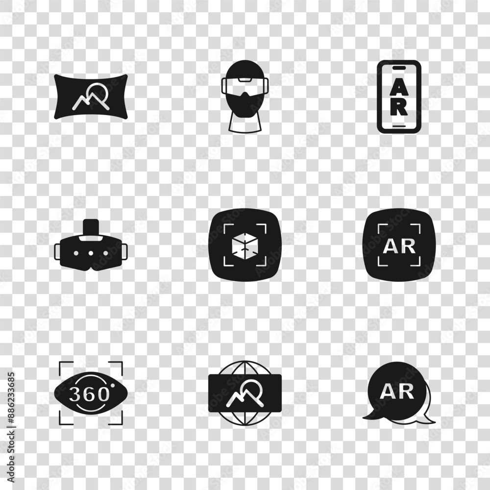 Set Wide angle picture, Augmented reality AR, 3d modeling, Virtual glasses and icon. Vector Set Wide angle picture, Augmented reality AR, 3d modeling, Virtual glasses and icon. Vector