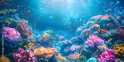 Thriving Coral Reef Teeming with Vibrant Marine Life in the Underwater Seascape