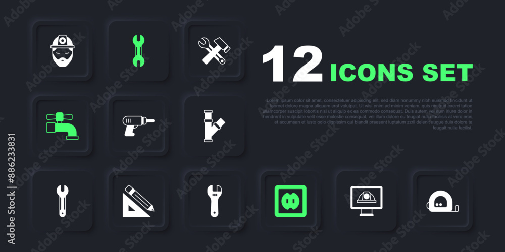 Set Worker safety helmet, Roulette construction, Electric drill machine, Electrical outlet, Water tap, Triangular ruler and pencil, Wrench spanner and Adjustable wrench icon. Vector Set Worker safety helmet, Roulette construction, Electric drill machine, Electrical outlet, Water tap, Triangular ruler and pencil, Wrench spanner and Adjustable wrench icon. Vector