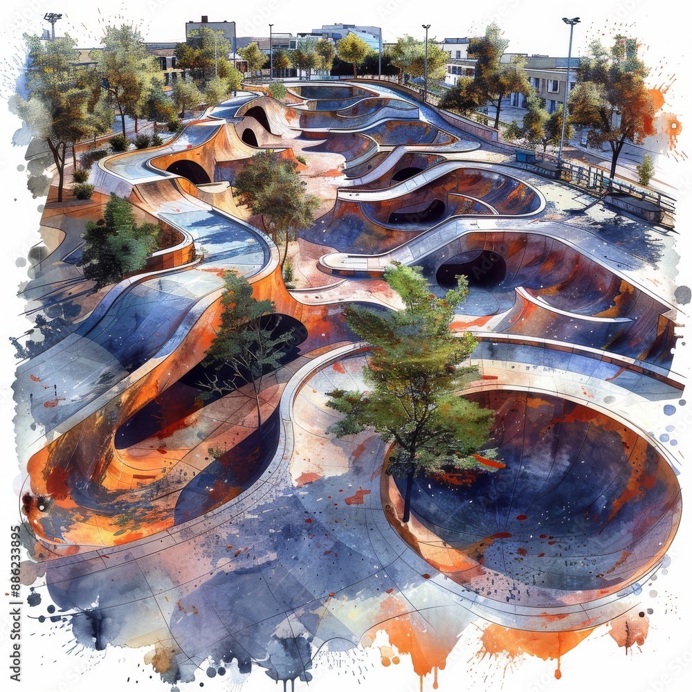 Naklejka premium Aerial View of Vibrant Olympic BMX Freestyle Park with Ramps Rails and Stunts in Watercolor and Ink Clipart Style