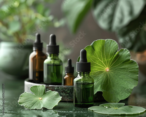 Natural skin care products on centella asiatica background.