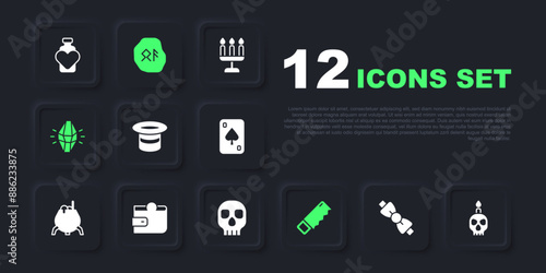 Set Bow tie, Burning candle on skull, Magic hat, Hand saw, stone, Wallet, runes and Skull icon. Vector