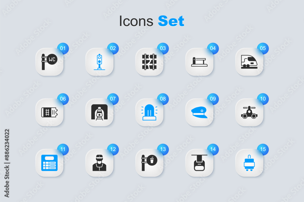 Set Cable car, Train in railway tunnel, traffic light, station board, Suitcase, Handcar transportation, Toilet and Flasher siren icon. Vector Set Cable car, Train in railway tunnel, traffic light, station board, Suitcase, Handcar transportation, Toilet and Flasher siren icon. Vector