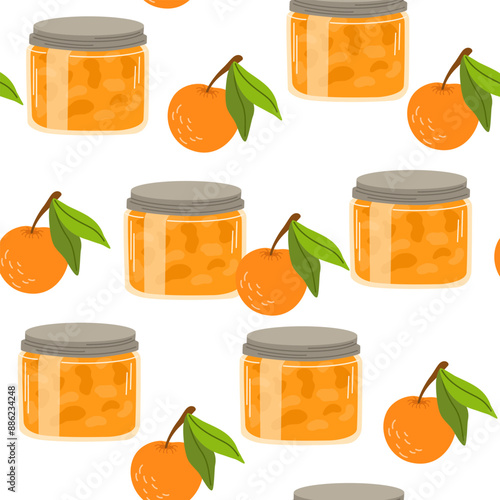 Orange jam seamless pattern. Confiture, jelly preserves, homemade marmalade. Endless background, texture, print for wallpaper, textile, wrapping design. Colored flat vector illustration