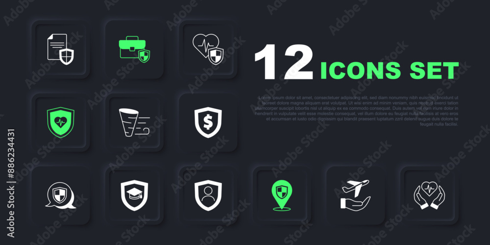 Set Plane in hand, Life insurance, Tornado, Location shield, with, Graduation cap, Briefcase and icon. Vector Set Plane in hand, Life insurance, Tornado, Location shield, with, Graduation cap, Briefcase and icon. Vector