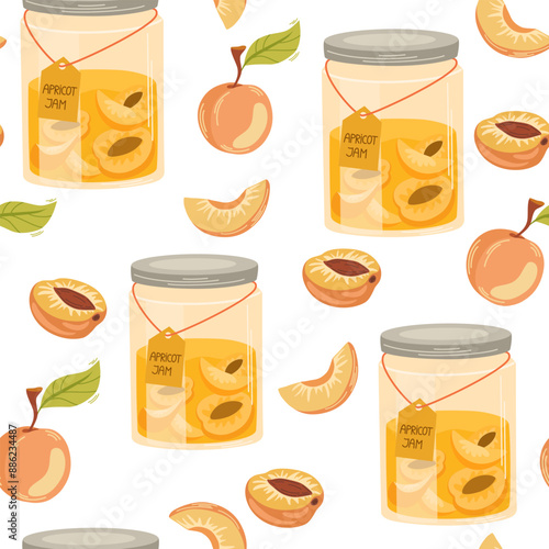Apricot jam seamless pattern. Confiture, jelly preserves, homemade marmalade. Endless background, texture, print for wallpaper, textile, wrapping design. Colored flat vector illustration