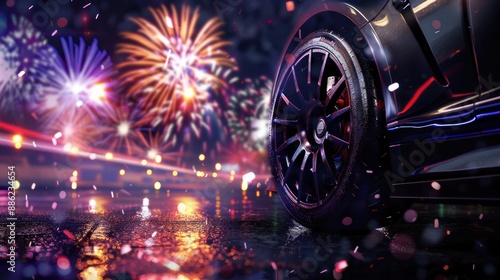 Black Car with Fireworks Display in the Background photo