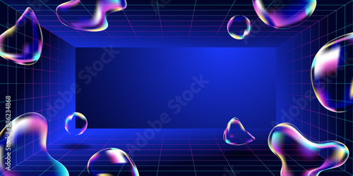 Abstract neon sci-fi futuristic 3d background, room grid, frame perspective and flying transparent drop or bubble shapes. Vector illustration.