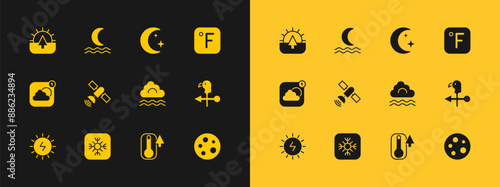 Set Fahrenheit, Snowflake, Fog and cloud, Thermometer, Satellite, Moon stars, Sunrise and Night fog or smoke icon. Vector