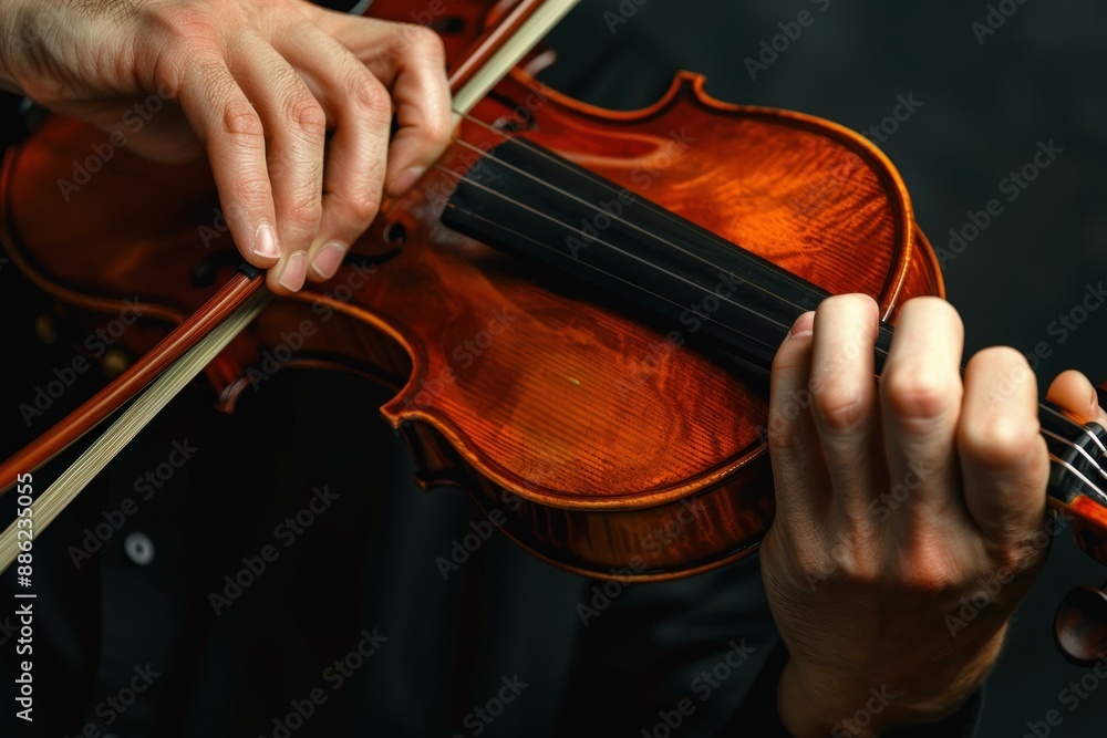 Close up of musician playing a violin during a classical music concert Close up of musician playing a violin during a classical music concert