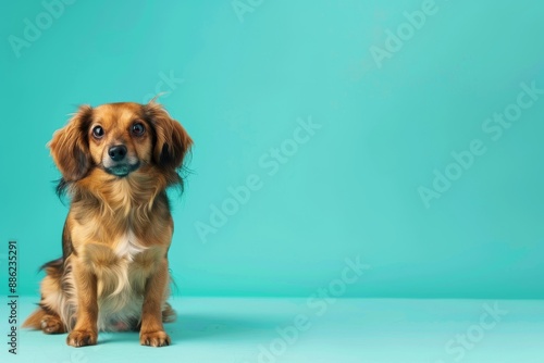 Brown and white dog sitting on turquoise background. Place for text