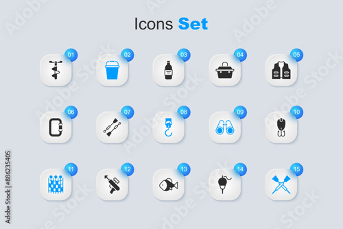 Set Fishing float, Oars or paddles boat, bucket, net pattern, Crossed oars, lure, Hand ice drill and Spring scale icon. Vector