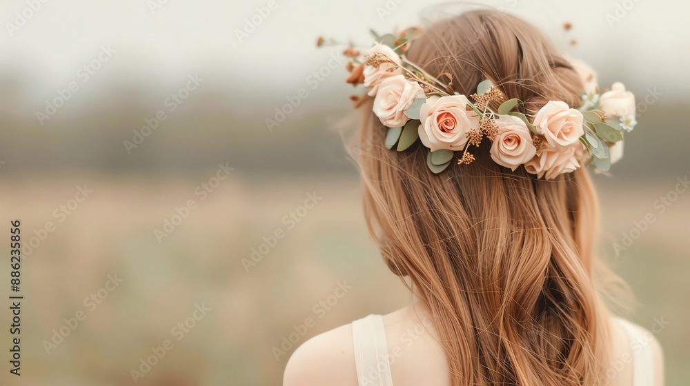 Naklejka premium A beautiful young woman with long, flowing hair is wearing a crown of flowers and a white dress