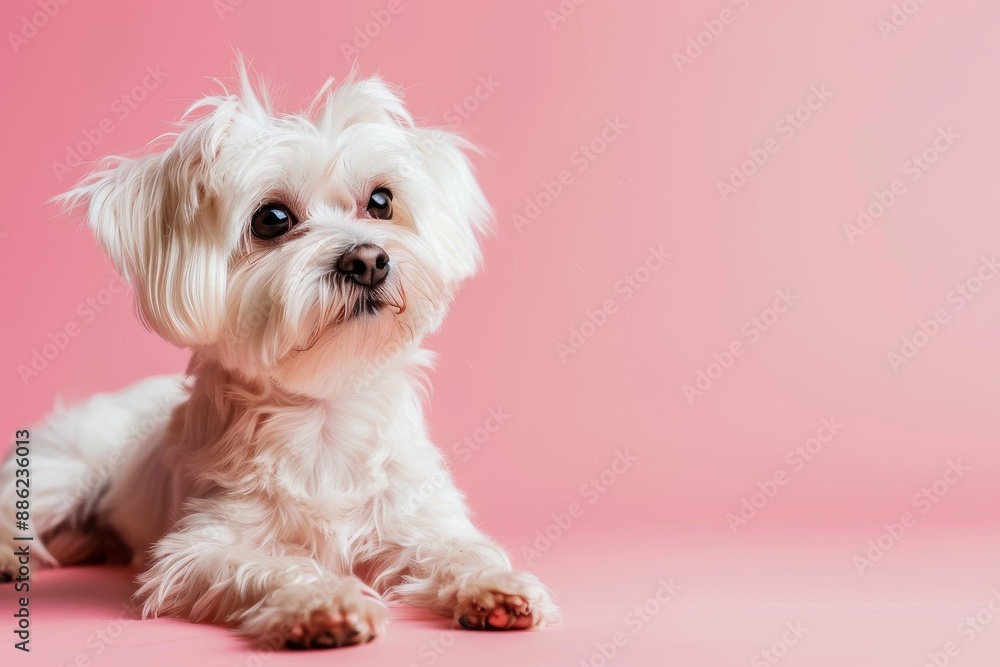 White maltese dog looking up on pink background. Copy space White maltese dog looking up on pink background. Copy space