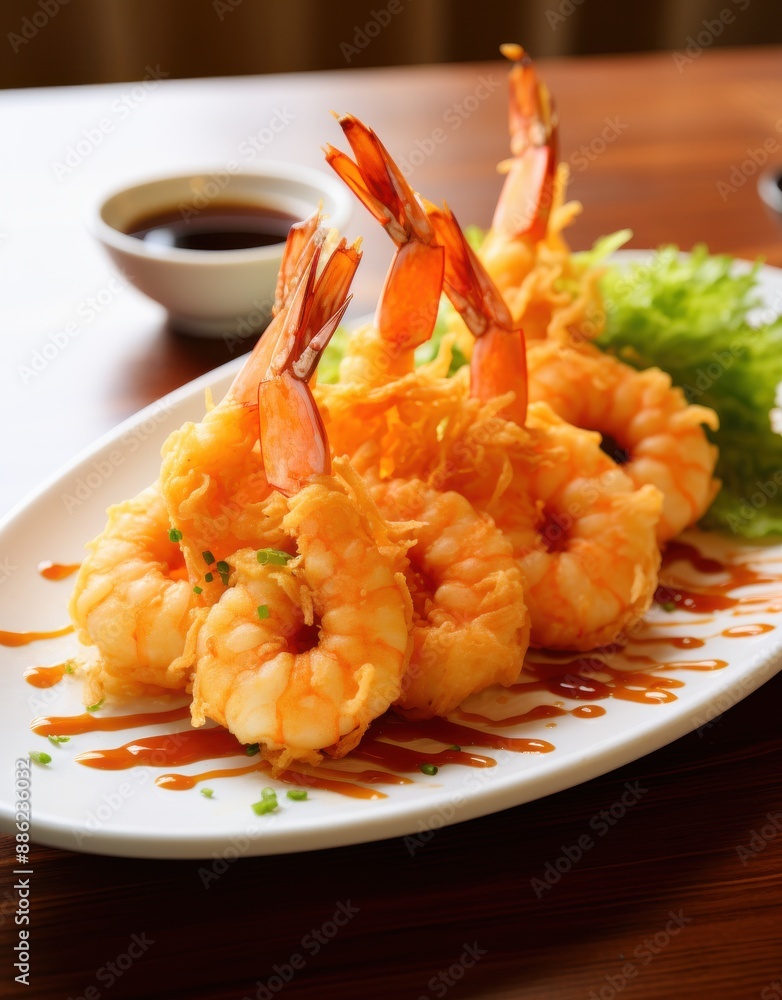 Tempura shrimp on a dark background. Seafood on a beautiful plate, in a restaurant with a Michelin star. Very tasty. Tempura shrimp on a dark background. Seafood on a beautiful plate, in a restaurant with a Michelin star. Very tasty.