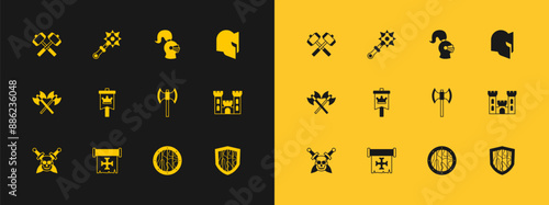 Set Medieval helmet, Crusade, poleaxe, Round wooden shield, flag, Crossed battle hammers and Mace with spikes icon. Vector
