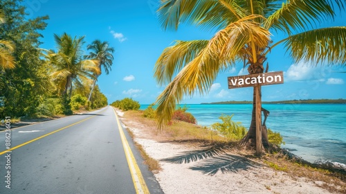 Scenic tropical roadside with palm trees, ocean, and a 'vacation' sign attached to a palm tree.