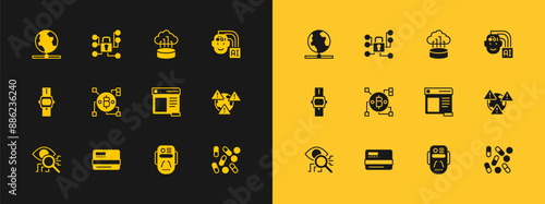 Set Humanoid robot, Credit card, Browser window, Artificial intelligence, Blockchain technology Bitcoin, Network cloud connection, Global and Cyber security icon. Vector