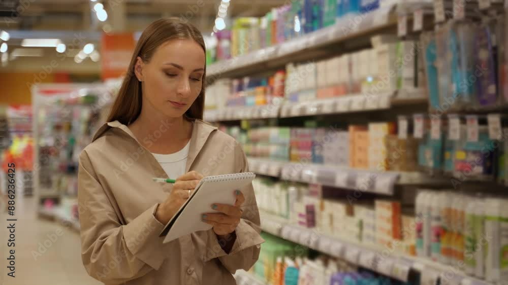 A young woman checks her grocery list while standing in the personal care products aisle of a grocery store. The shelves are fully stocked with a variety of products A young woman checks her grocery list while standing in the personal care products aisle of a grocery store. The shelves are fully stocked with a variety of products