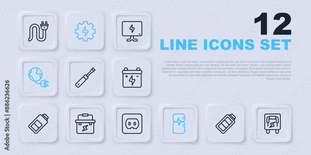 Set line Battery charge, Electrical panel, Screwdriver, Refrigerator, Global energy planet with plug, Toolbox electrician, Gear and lightning and outlet icon. Vector Set line Battery charge, Electrical panel, Screwdriver, Refrigerator, Global energy planet with plug, Toolbox electrician, Gear and lightning and outlet icon. Vector