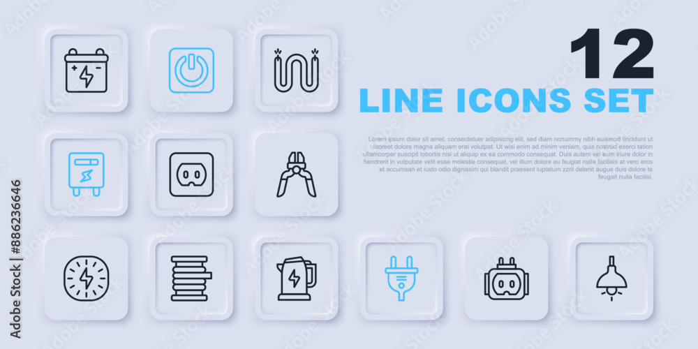 Set line Tee plug electric, Lamp hanging, Electrical outlet, meter, Wire cable on reel, Power button and kettle icon. Vector Set line Tee plug electric, Lamp hanging, Electrical outlet, meter, Wire cable on reel, Power button and kettle icon. Vector
