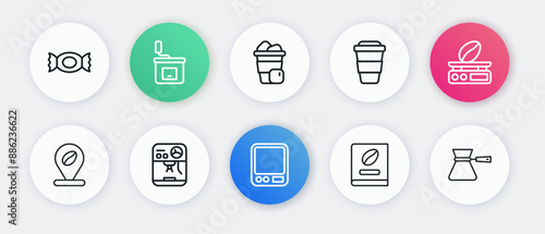 Set line Electronic coffee scales, Location with bean, Coffee book, cup to go, Iced, turk and machine icon. Vector