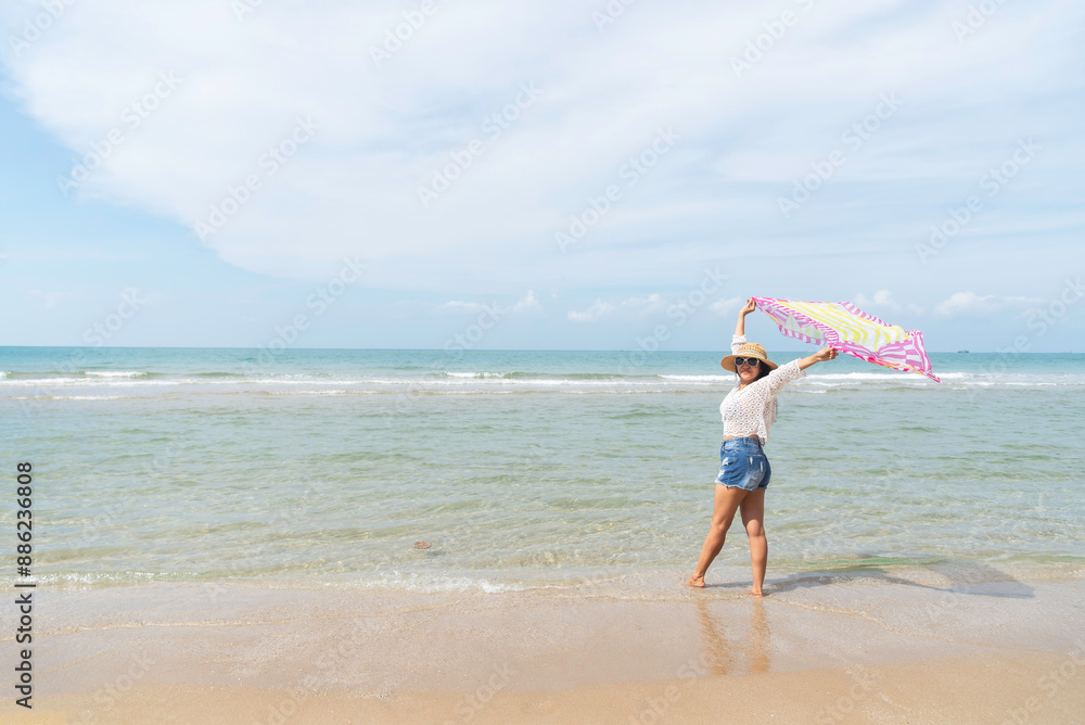 Lifestyle woman and relax chill on beach background. Travel summer vacations, copy space for banner.Summer vacations Lifestyle woman and relax chill on beach background. Travel summer vacations, copy space for banner.Summer vacations