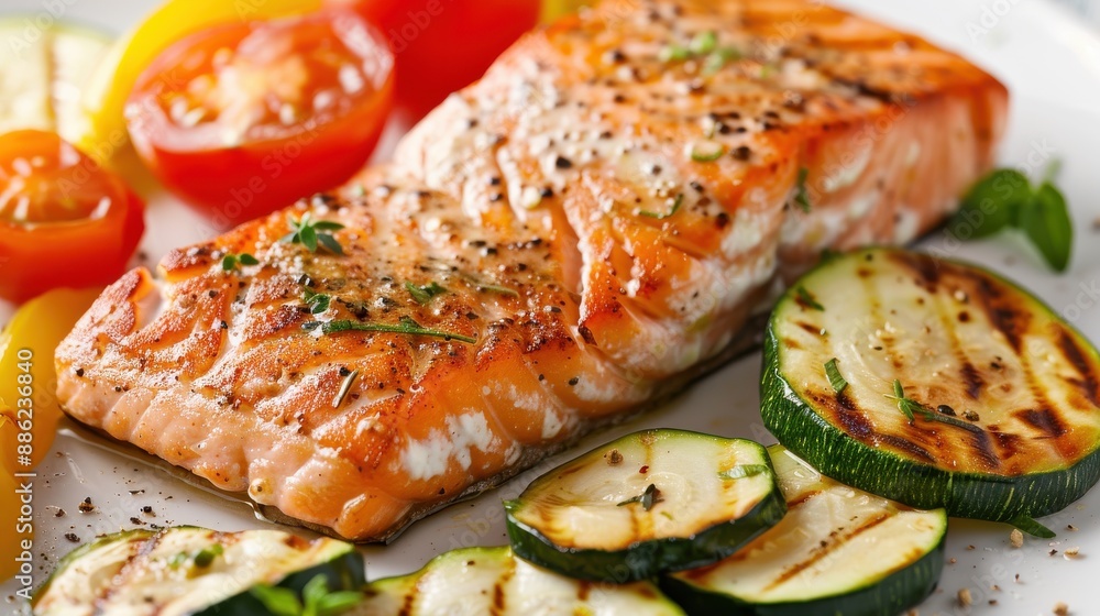 Grilled salmon fillet served with roasted zucchini and tomatoes on a white plate, Grilled, Salmon, Dinner, Zucchini, Tomatoes Grilled salmon fillet served with roasted zucchini and tomatoes on a white plate, Grilled, Salmon, Dinner, Zucchini, Tomatoes