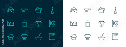 Set line Spatula, Cooking pot on fire, whisk with bowl, Cutting board, and Frying pan icon. Vector