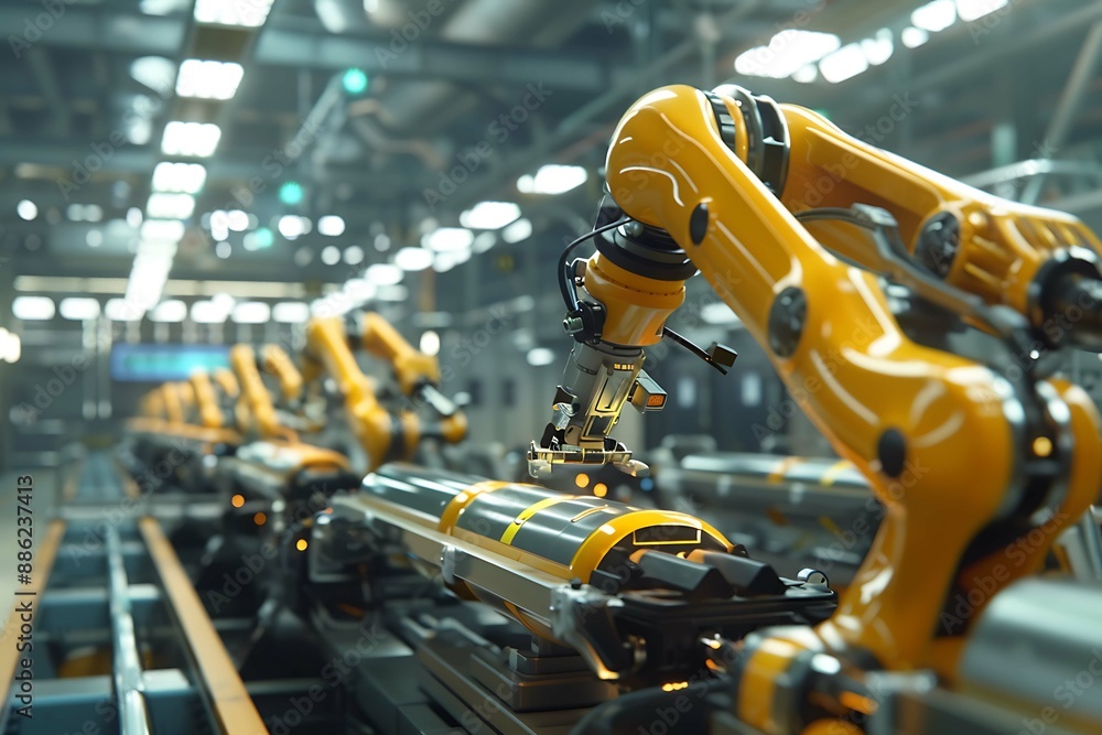 The image should depict a robotic arm evenly applying paint to products on a production line, highlighting reduced material costs and improved coating quality. The background features a modern factory The image should depict a robotic arm evenly applying paint to products on a production line, highlighting reduced material costs and improved coating quality. The background features a modern factory