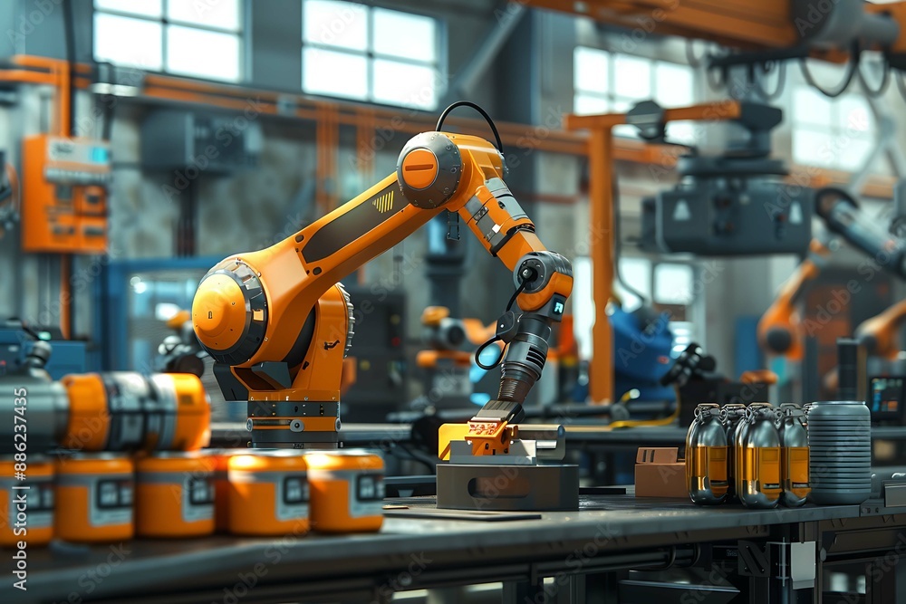 The image should depict a robotic arm evenly applying paint to products on a production line, highlighting reduced material costs and improved coating quality. The background features a modern factory The image should depict a robotic arm evenly applying paint to products on a production line, highlighting reduced material costs and improved coating quality. The background features a modern factory
