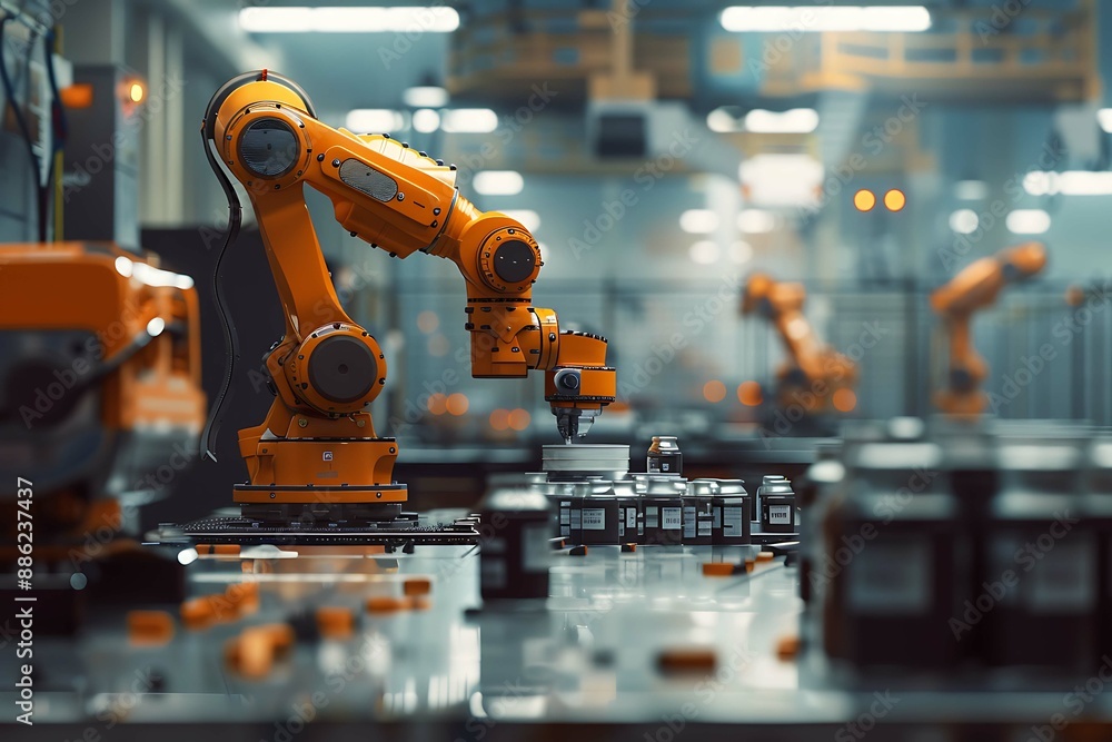 The image should depict a robotic arm evenly applying paint to products on a production line, highlighting reduced material costs and improved coating quality. The background features a modern factory The image should depict a robotic arm evenly applying paint to products on a production line, highlighting reduced material costs and improved coating quality. The background features a modern factory