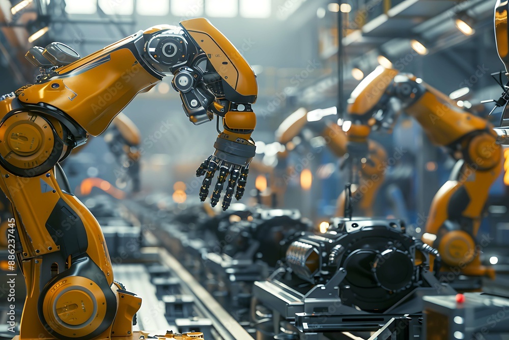 The image should depict a robotic arm evenly applying paint to products on a production line, highlighting reduced material costs and improved coating quality. The background features a modern factory The image should depict a robotic arm evenly applying paint to products on a production line, highlighting reduced material costs and improved coating quality. The background features a modern factory