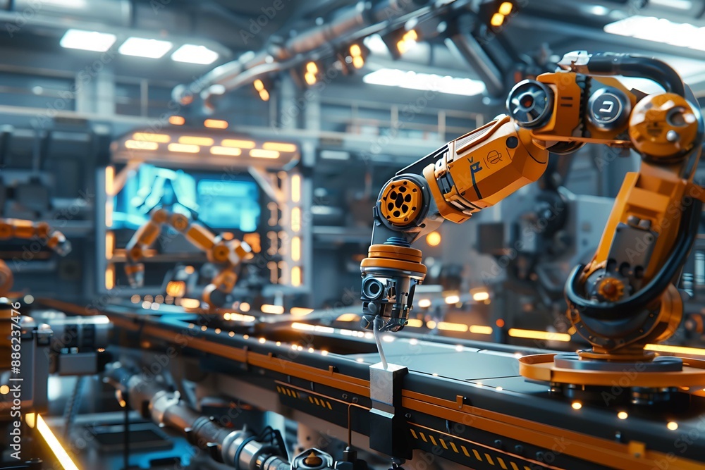 The image should depict a robotic arm evenly applying paint to products on a production line, highlighting reduced material costs and improved coating quality. The background features a modern factory The image should depict a robotic arm evenly applying paint to products on a production line, highlighting reduced material costs and improved coating quality. The background features a modern factory