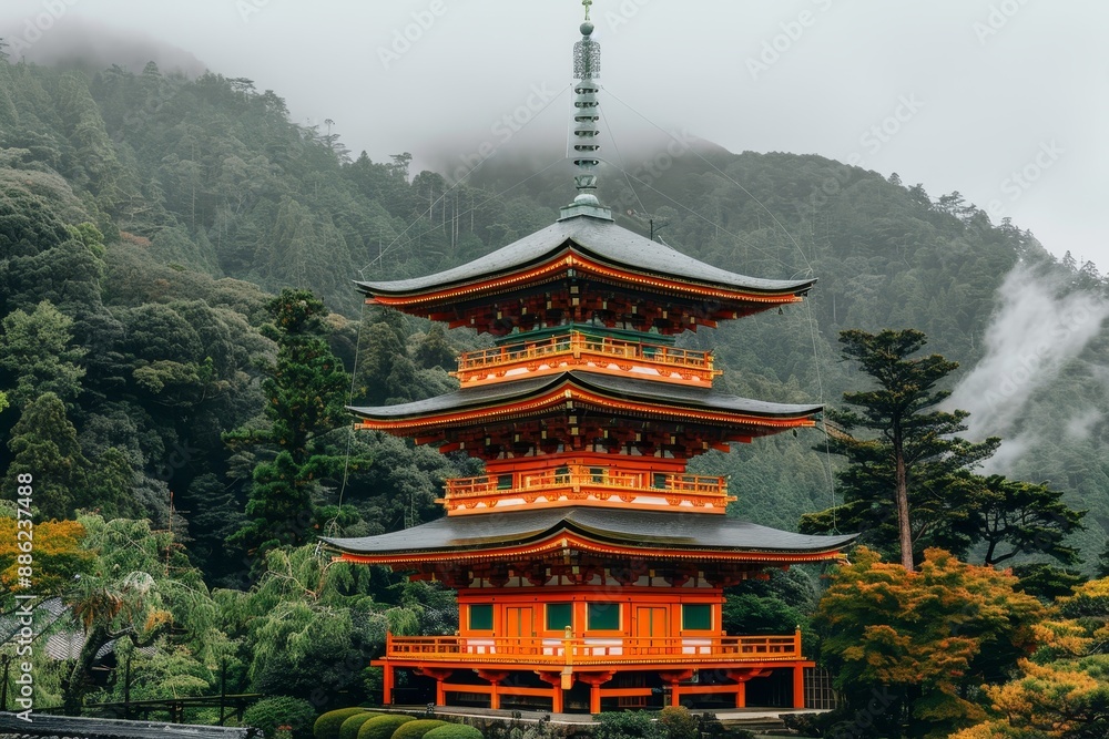 Tranquil japanese temple amid misty mountains in a fantasy setting, perfect for a serene escape Tranquil japanese temple amid misty mountains in a fantasy setting, perfect for a serene escape